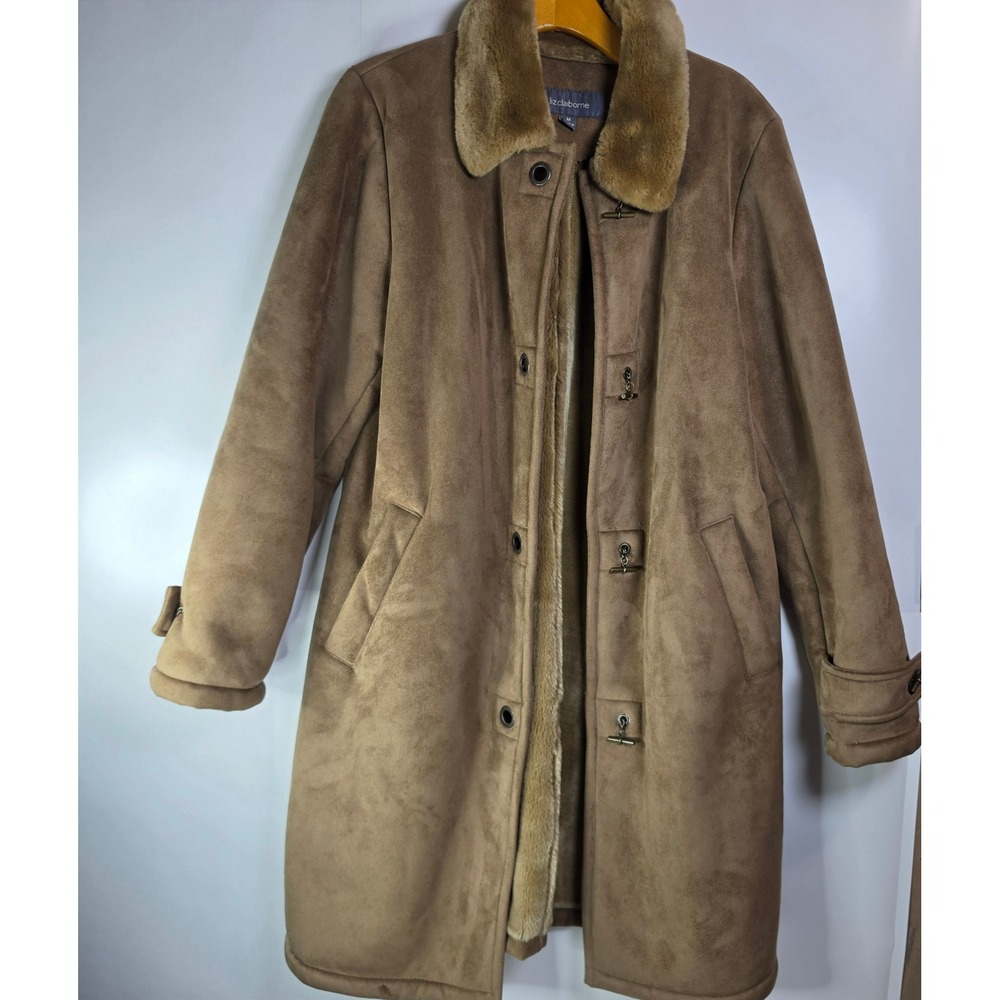Liz Claiborne Faux Suede Shearling Coat Fur Trim Toggle Winter Camel Tan Size M